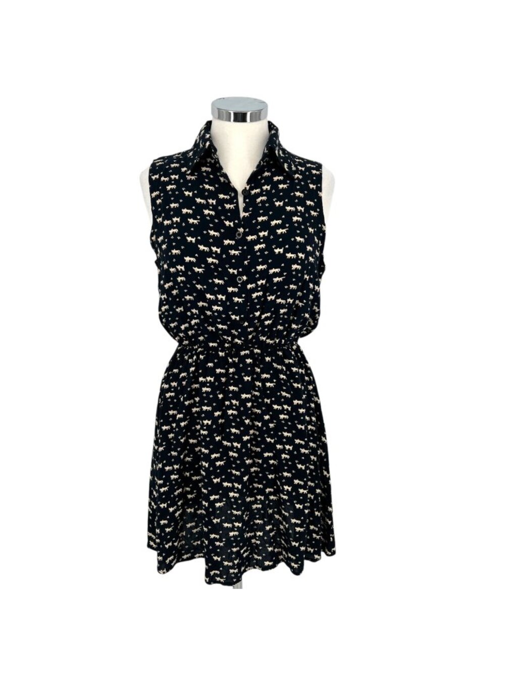 Favolook Cat Print Sleeveless Collared Shirt Dress Black Size Medium
